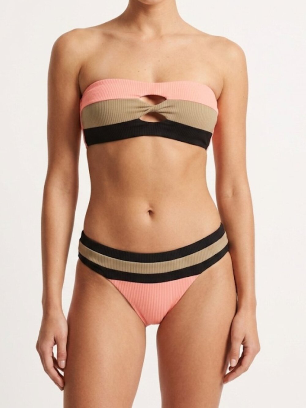 Pilyq Peach Black Colorblocked Ribbed 2 Piece Bikini SET Beach Size L NWOT